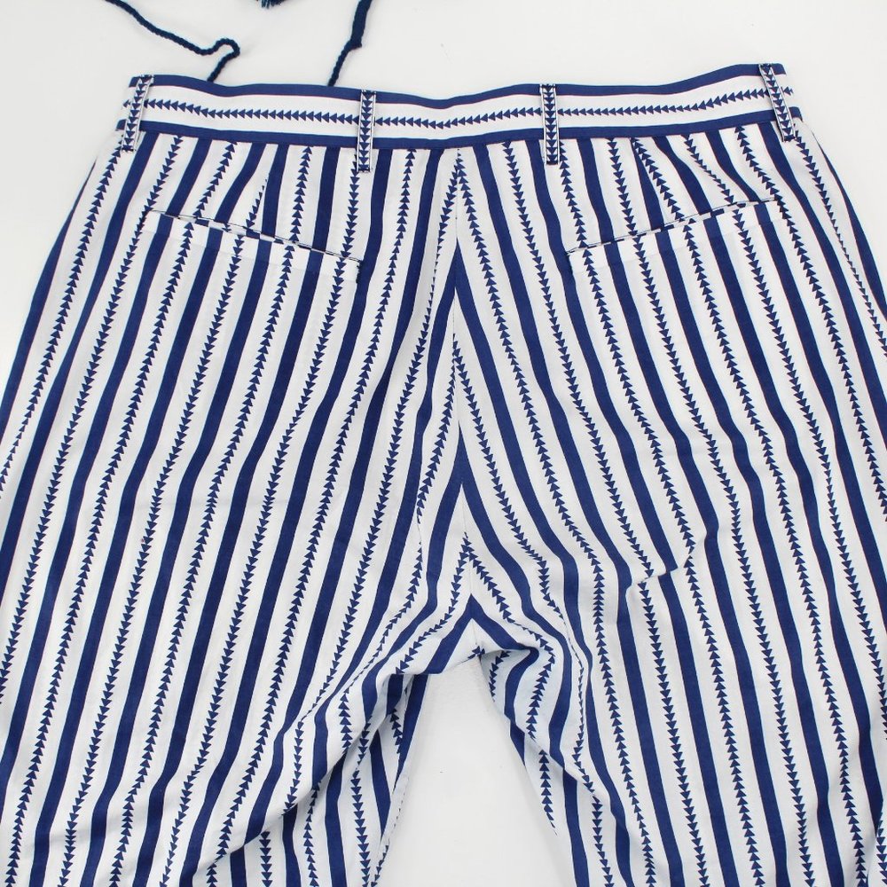 FIGUE Zuri Pants Blue White  Striped Cotton Tassel Mid-rise Casual Pockets SZ 8 - Picture 10 of 11